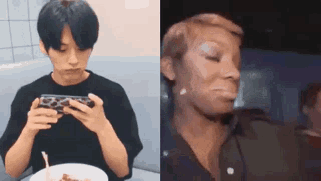 a man and a woman are sitting next to each other and the man is looking at his phone .