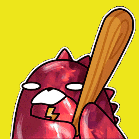 a cartoon drawing of a red monster holding a bat