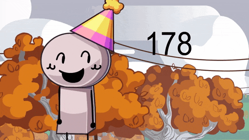 a cartoon character wearing a party hat with the number 178 written on it