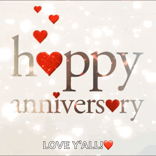a happy anniversary greeting card with red hearts