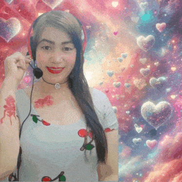a woman wearing headphones has a tattoo of a cherry on her chest