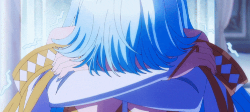 a woman with blue hair is hugging another person