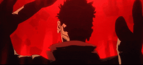 a cartoon character with a red background is being held by a hand