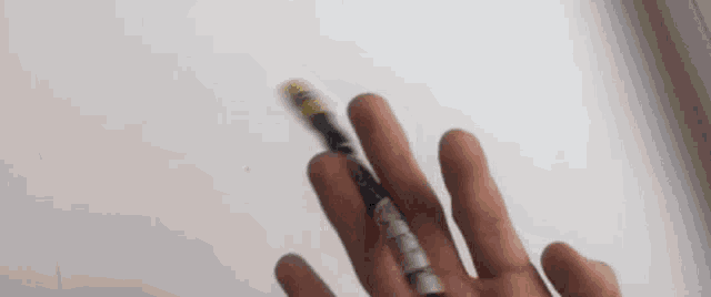a person is holding a pen in their hand and spinning it on their finger .