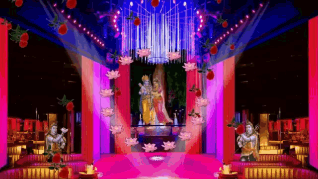 a stage with a painting of a man and woman surrounded by flowers