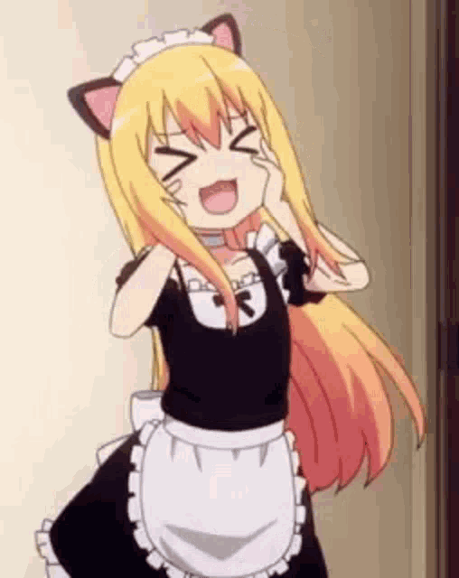 a blonde anime girl is wearing a maid outfit with cat ears and making a funny face .
