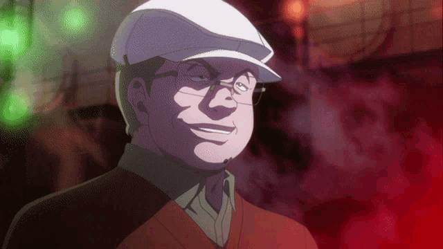 a man wearing glasses and a hat is smiling in a dark room