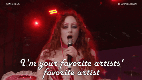 a woman singing into a microphone with the words " i 'm your favorite artist 's favorite artist " below her