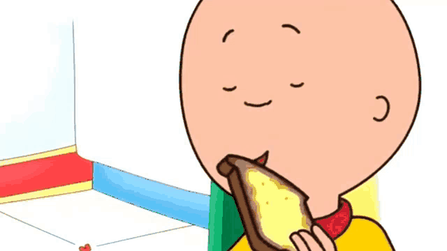 a cartoon character named caillou is eating a piece of toast .