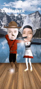 a man and woman are dancing in front of mountains and the word starmaker