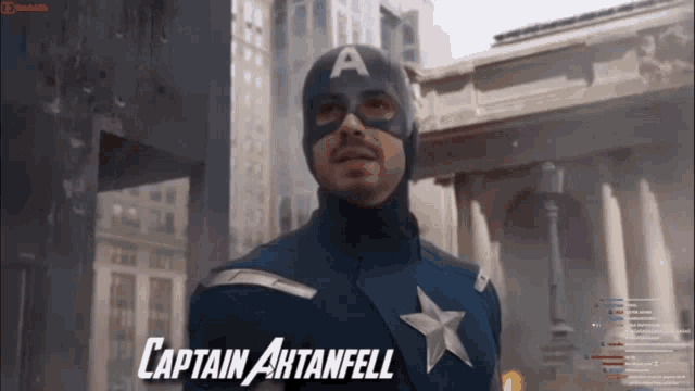 a man in a captain america costume stands in front of a city