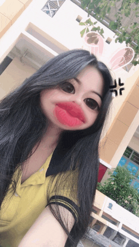 a girl with long black hair is wearing a yellow shirt and making a funny face