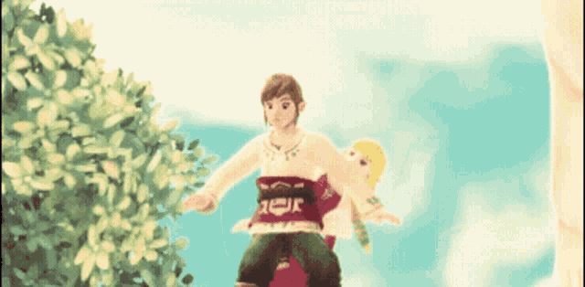 a man is carrying a woman in a red shirt that says " zelda "