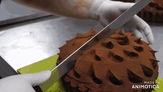 a person is cutting a chocolate cake with a knife and the words made in animotica are on the bottom