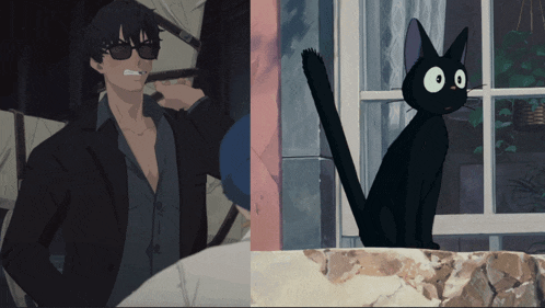 a man smoking a cigarette next to a black cat looking out of a window