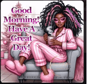 a woman in pink pajamas is sitting in a chair with a cup of coffee