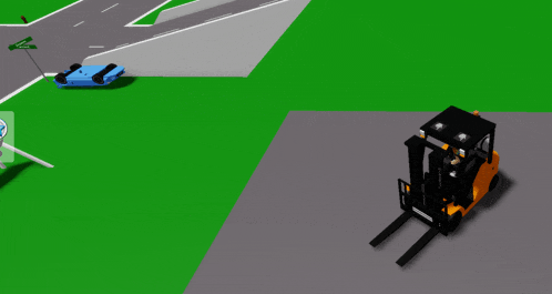a blue car is being towed by a black forklift in a video game
