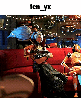 a video game character is sitting on a red couch with a robot