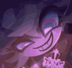 a close up of a cartoon character 's face with purple eyes and a purple smile .