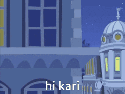 a cartoon drawing of a man walking on a balcony with hi kari written on the bottom