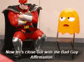 a cartoon character is sitting in a chair next to a yellow ghost ..