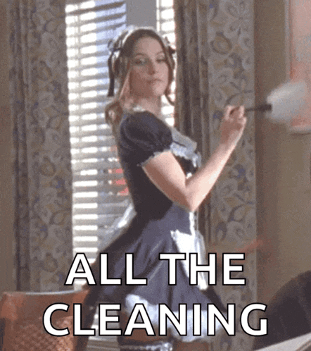 a woman in a maid costume is cleaning a window with the words all the cleaning behind her