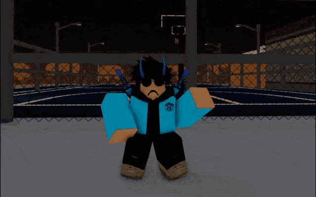 a cartoon character is standing in front of a fence with a basketball hoop in the background
