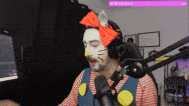 a man wearing a hello kitty costume is sitting in front of a computer