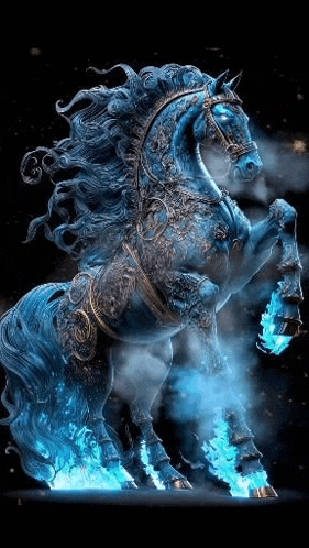a blue horse with a long mane and tail is standing on its hind legs .