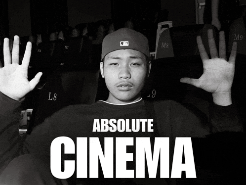a poster for absolute cinema shows a man sitting in a row of seats
