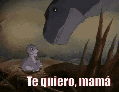 a cartoon of a dinosaur and a baby dinosaur with the words `` te quiero mama '' written on it .