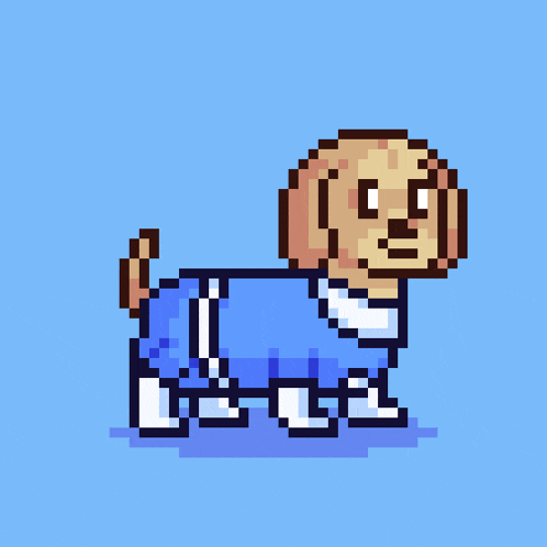 a pixel art of a dachshund wearing a blue sweater