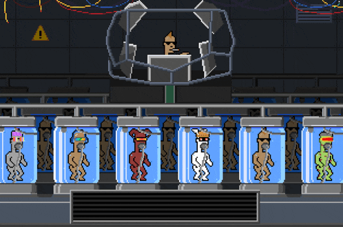 a cartoon of a man standing in front of a podium with a warning sign