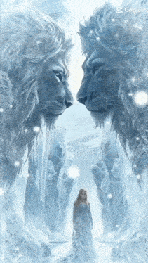 a painting of a woman standing in front of two lions with copcat written on the bottom