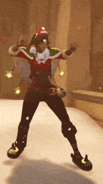 a person in a christmas outfit is standing on a snowy surface
