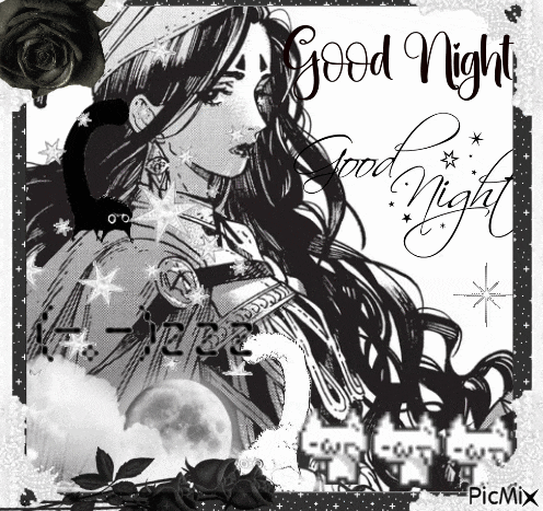 a black and white drawing of a woman with the words good night written on it