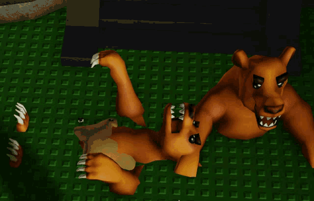 two cartoon animals are laying on a green tiled floor