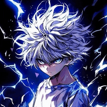 a boy with white hair and blue eyes is standing in front of a blue lightning bolt .