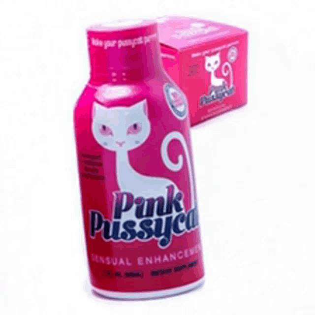 a bottle of pink pussycat sensual enhancer with a white cat on it