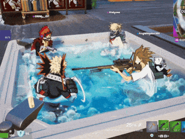 a group of anime characters are playing a video game in a hot tub with a score of 2516