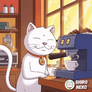 a cartoon of a white cat making a cup of coffee with shiro neko written on the bottom