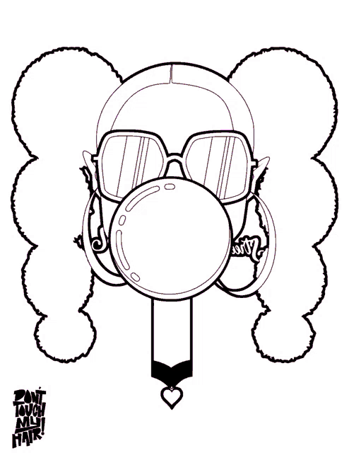 a cartoon of a woman blowing a bubble with the letter l on her neck