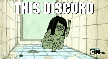 a cartoon of a man sitting in a bathroom with the words this discord above him