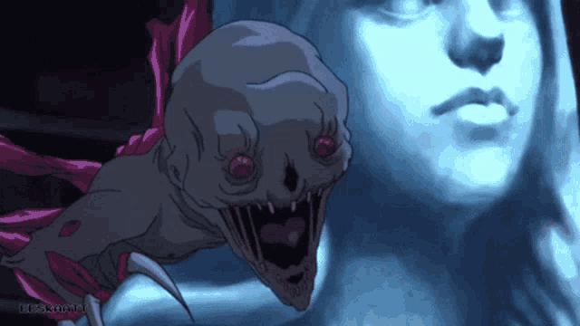 a cartoon drawing of a monster with a woman 's face in the background and a watermark that says leekskami