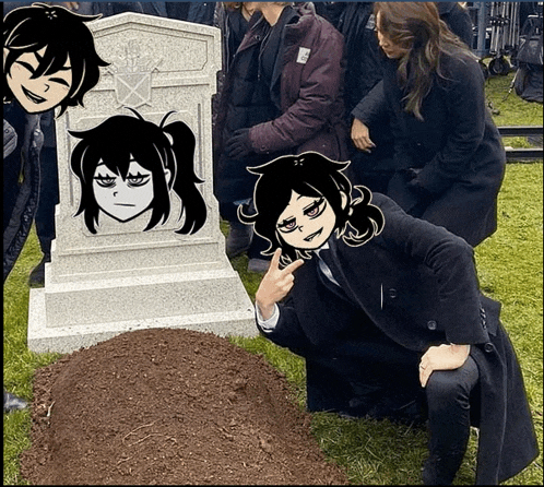 a man in a suit kneeling in front of a grave with a picture of a girl on it