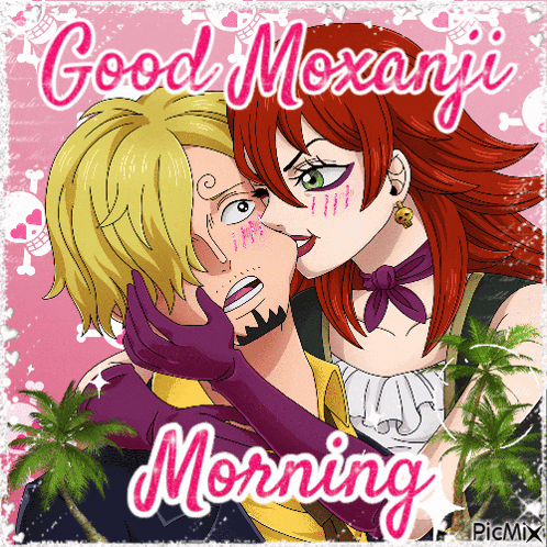 a cartoon of a man and woman kissing with the words good moxanji morning
