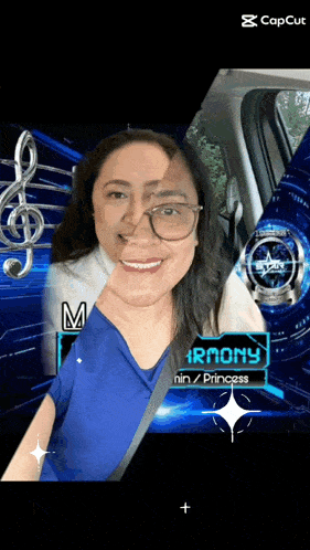 a woman in a blue shirt with the name harmony on it