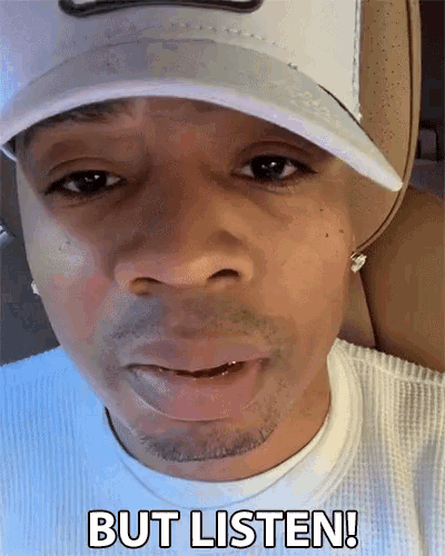 a man wearing a white hat and a white sweater says but listen