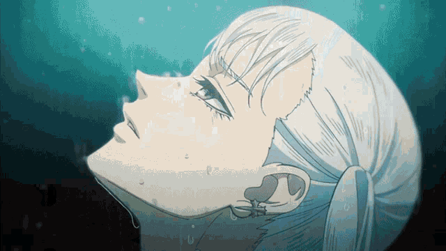 a drawing of a girl with white hair looking up