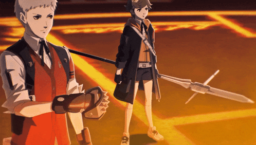 two anime characters standing next to each other with one holding a sword and the other holding a glove with the letter b on it